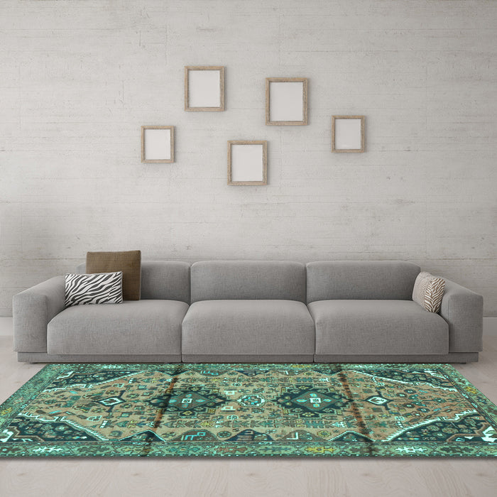 Machine Washable Persian Turquoise Traditional Area Rugs in a Living Room,, wshtr4392turq