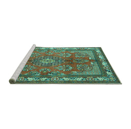 Sideview of Machine Washable Medallion Turquoise Traditional Area Rugs, wshtr4393turq