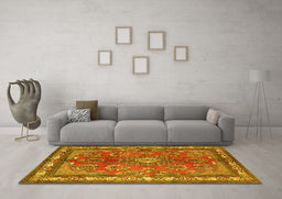 Machine Washable Medallion Yellow Traditional Rug in a Living Room, wshtr4393yw