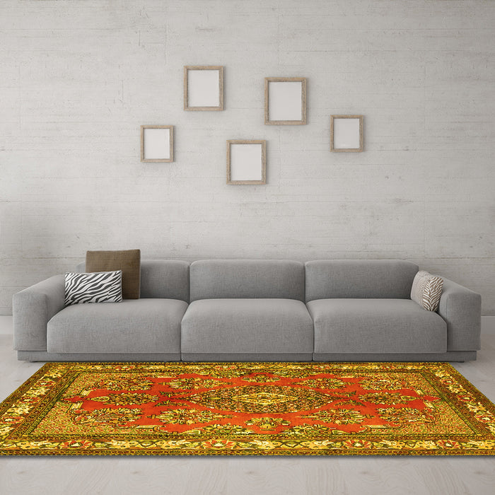 Machine Washable Medallion Yellow Traditional Rug in a Living Room, wshtr4393yw