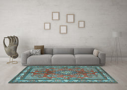 Machine Washable Medallion Light Blue Traditional Rug in a Living Room, wshtr4393lblu