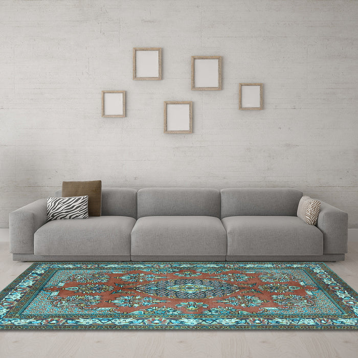 Machine Washable Medallion Light Blue Traditional Rug in a Living Room, wshtr4393lblu