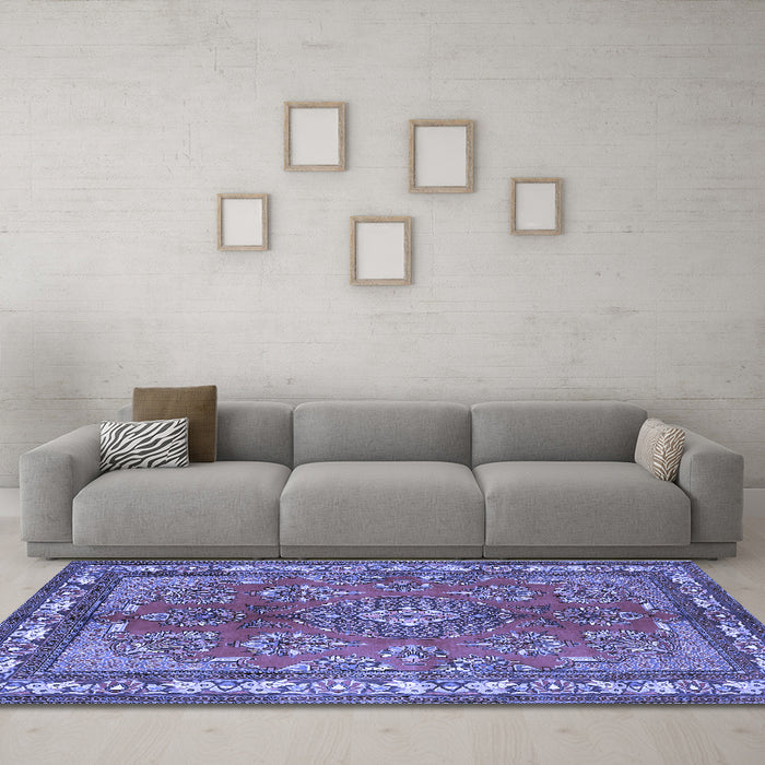 Machine Washable Medallion Blue Traditional Rug in a Living Room, wshtr4393blu