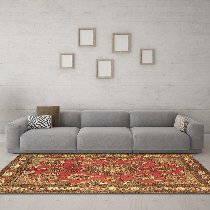 Machine Washable Medallion Brown Traditional Rug in a Living Room,, wshtr4393brn