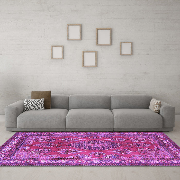 Machine Washable Medallion Purple Traditional Area Rugs in a Living Room, wshtr4393pur