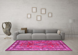 Machine Washable Medallion Pink Traditional Rug in a Living Room, wshtr4393pnk