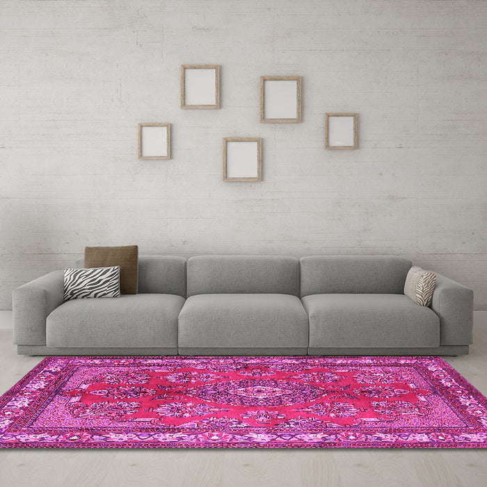 Machine Washable Medallion Pink Traditional Rug in a Living Room, wshtr4393pnk