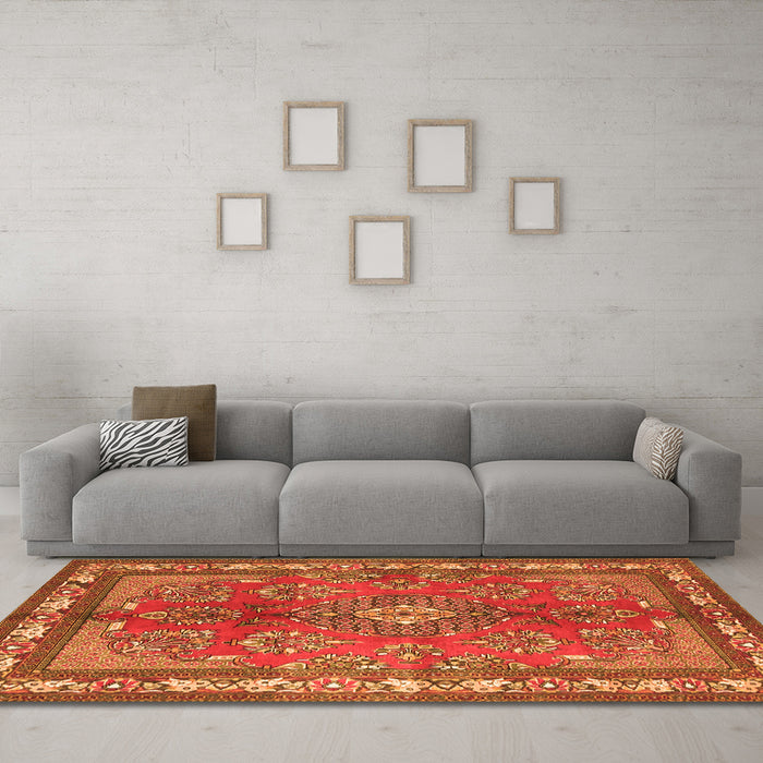 Machine Washable Medallion Orange Traditional Area Rugs in a Living Room, wshtr4393org