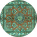 Round Machine Washable Medallion Turquoise Traditional Area Rugs, wshtr4393turq