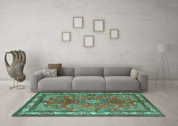 Machine Washable Medallion Turquoise Traditional Area Rugs in a Living Room,, wshtr4393turq