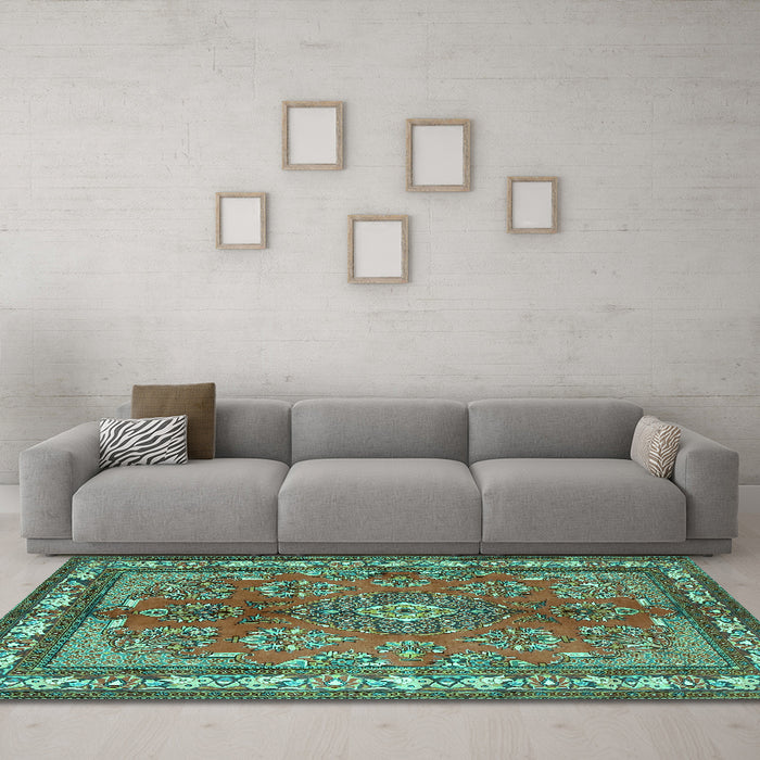 Machine Washable Medallion Turquoise Traditional Area Rugs in a Living Room,, wshtr4393turq