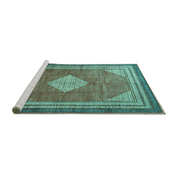 Sideview of Machine Washable Medallion Turquoise Traditional Area Rugs, wshtr4395turq