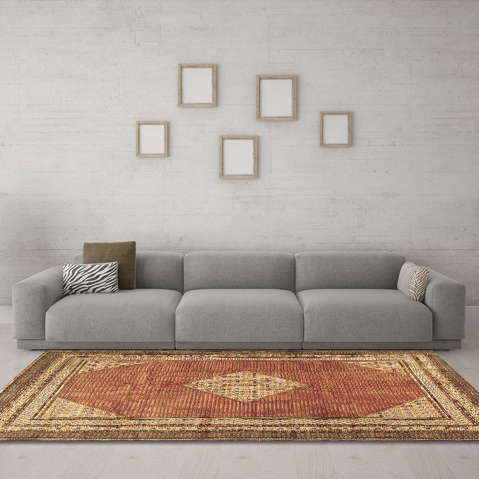 Machine Washable Medallion Brown Traditional Rug in a Living Room,, wshtr4395brn