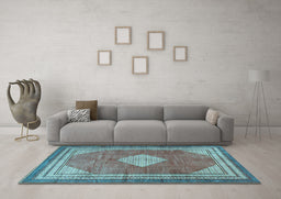 Machine Washable Medallion Light Blue Traditional Rug in a Living Room, wshtr4395lblu