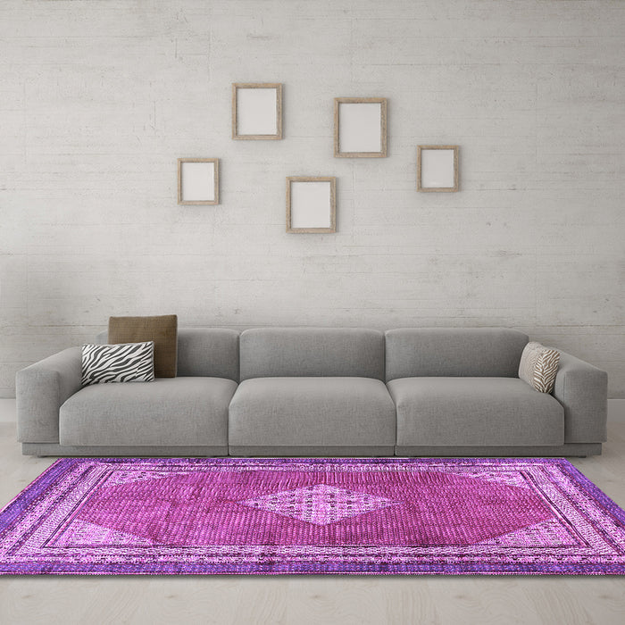 Machine Washable Medallion Purple Traditional Area Rugs in a Living Room, wshtr4395pur