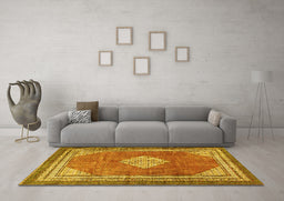 Machine Washable Medallion Yellow Traditional Rug in a Living Room, wshtr4395yw