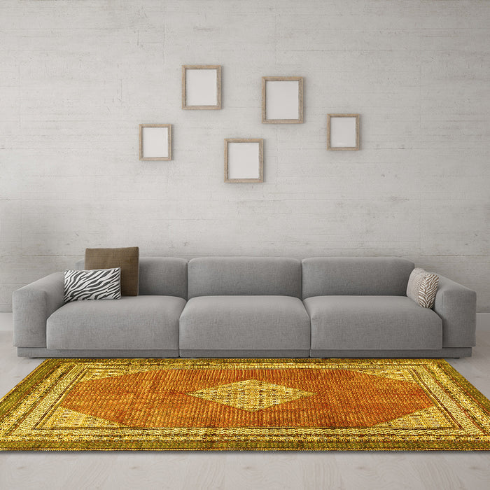 Machine Washable Medallion Yellow Traditional Rug in a Living Room, wshtr4395yw