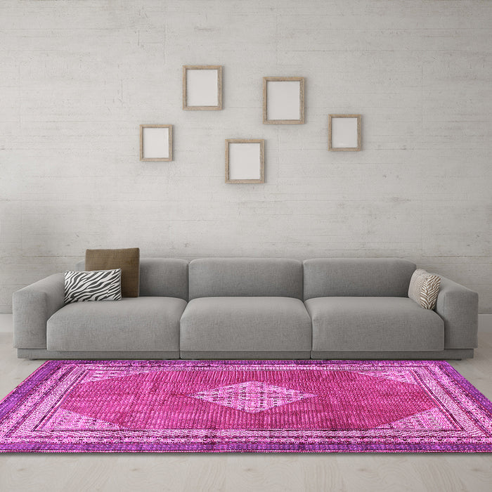 Machine Washable Medallion Pink Traditional Rug in a Living Room, wshtr4395pnk