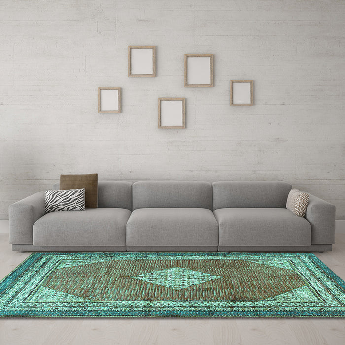 Machine Washable Medallion Turquoise Traditional Area Rugs in a Living Room,, wshtr4395turq