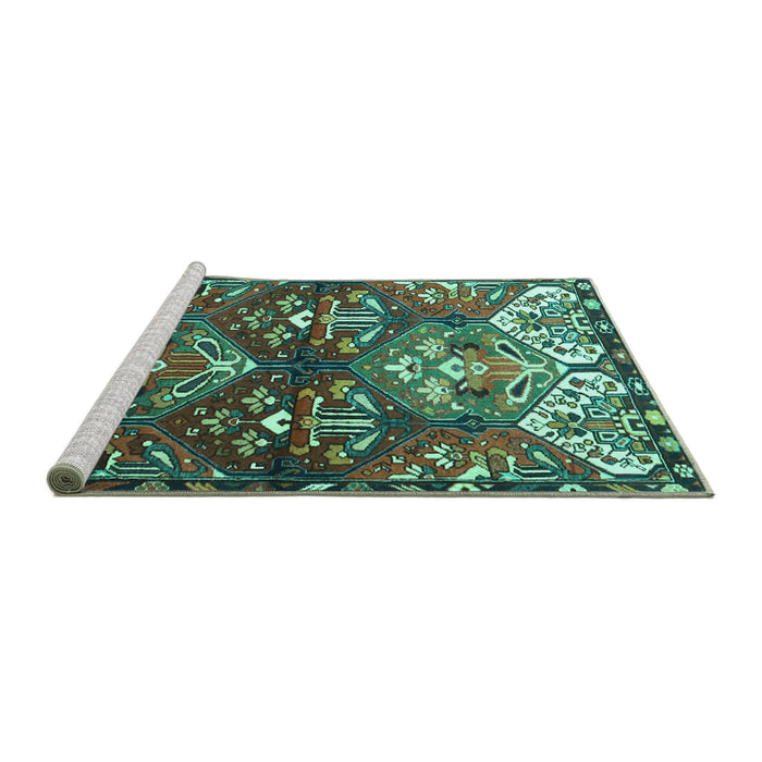 Sideview of Machine Washable Persian Turquoise Traditional Area Rugs, wshtr4397turq