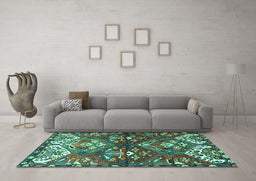 Machine Washable Persian Turquoise Traditional Area Rugs in a Living Room,, wshtr4397turq