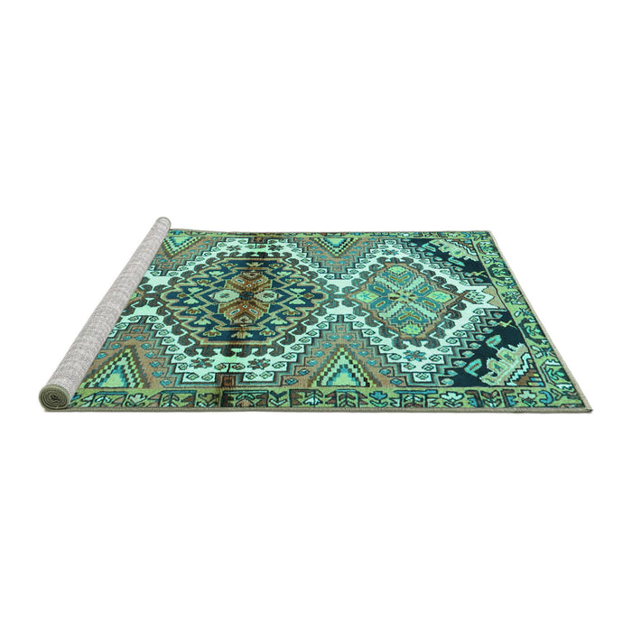 Sideview of Machine Washable Persian Turquoise Traditional Area Rugs, wshtr4398turq