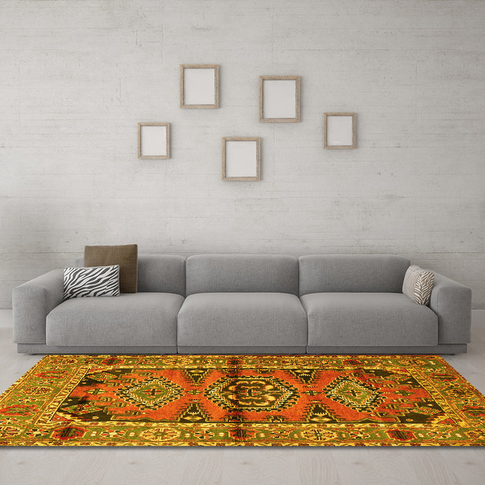 Machine Washable Persian Yellow Traditional Rug in a Living Room, wshtr4399yw