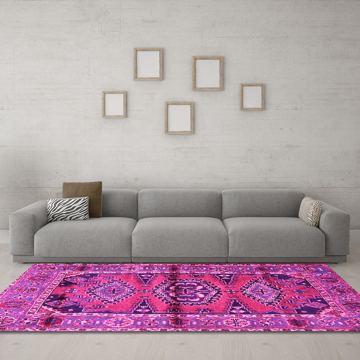 Machine Washable Persian Pink Traditional Rug in a Living Room, wshtr4399pnk