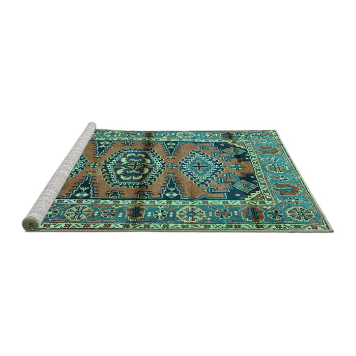 Sideview of Machine Washable Persian Turquoise Traditional Area Rugs, wshtr4399turq