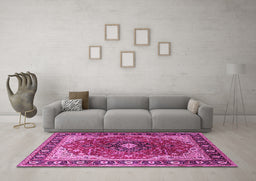 Machine Washable Medallion Pink Traditional Rug in a Living Room, wshtr439pnk