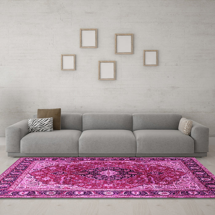 Machine Washable Medallion Pink Traditional Rug in a Living Room, wshtr439pnk