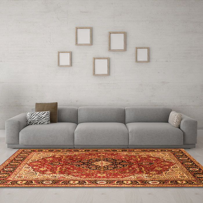 Machine Washable Medallion Orange Traditional Area Rugs in a Living Room, wshtr439org