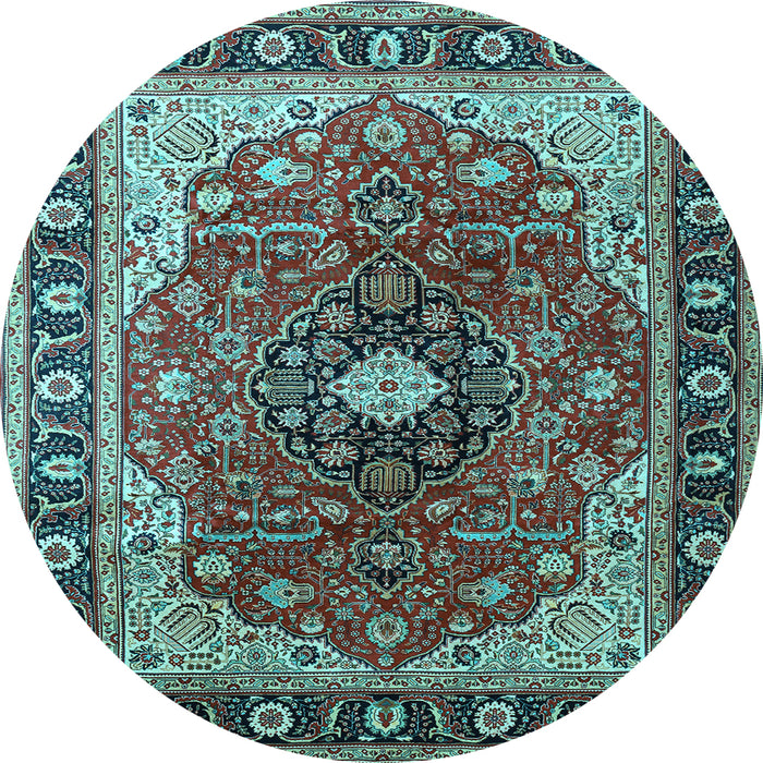 Round Machine Washable Medallion Light Blue Traditional Rug, wshtr439lblu