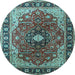 Round Machine Washable Medallion Light Blue Traditional Rug, wshtr439lblu