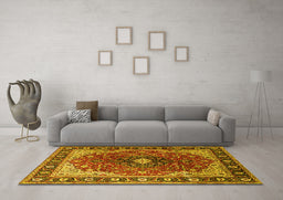 Machine Washable Medallion Yellow Traditional Rug in a Living Room, wshtr439yw