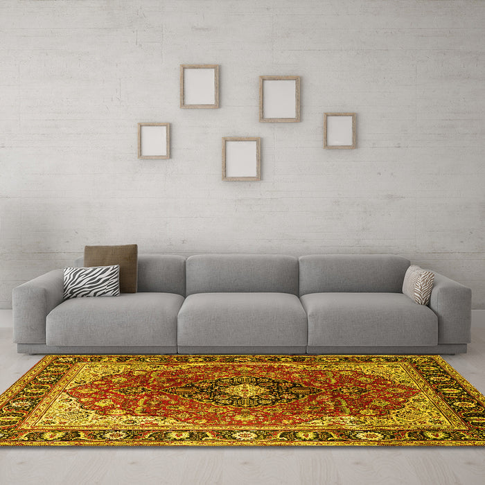 Machine Washable Medallion Yellow Traditional Rug in a Living Room, wshtr439yw