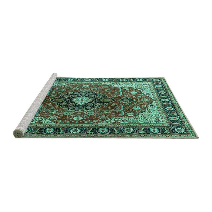 Sideview of Machine Washable Medallion Turquoise Traditional Area Rugs, wshtr439turq