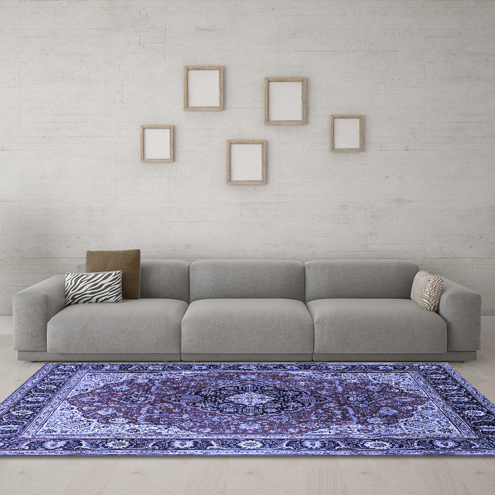 Machine Washable Medallion Blue Traditional Rug in a Living Room, wshtr439blu