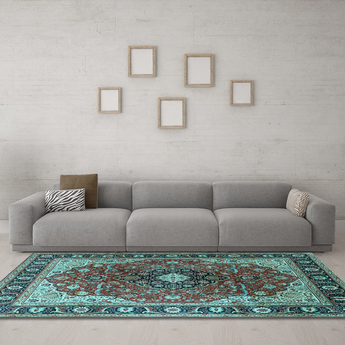 Machine Washable Medallion Light Blue Traditional Rug in a Living Room, wshtr439lblu