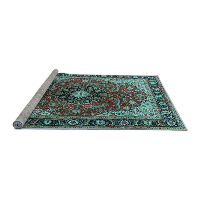 Sideview of Machine Washable Medallion Light Blue Traditional Rug, wshtr439lblu
