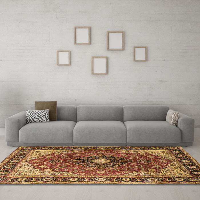 Machine Washable Medallion Brown Traditional Rug in a Living Room,, wshtr439brn