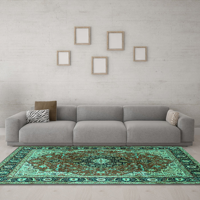 Machine Washable Medallion Turquoise Traditional Area Rugs in a Living Room,, wshtr439turq