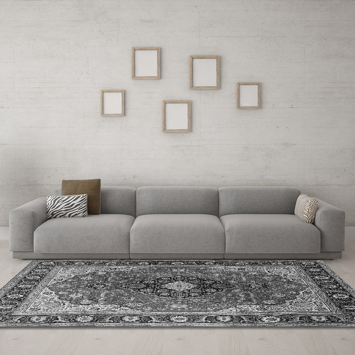 Machine Washable Medallion Gray Traditional Rug in a Living Room,, wshtr439gry