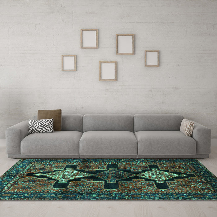 Machine Washable Persian Turquoise Traditional Area Rugs in a Living Room,, wshtr43turq
