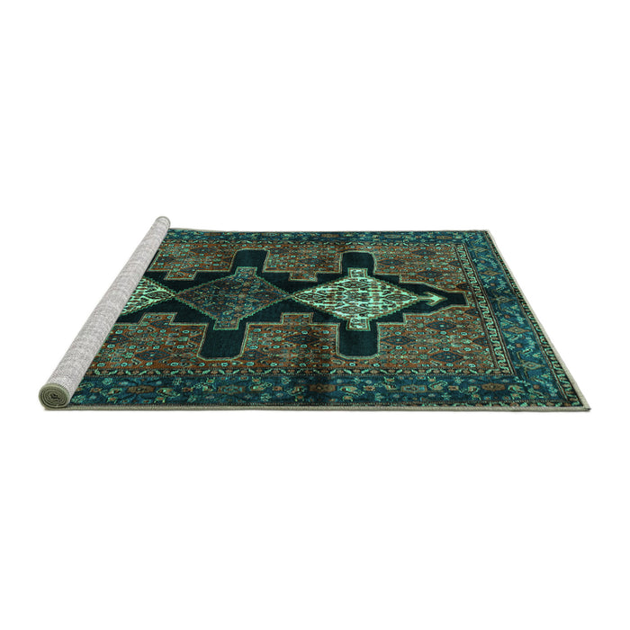 Sideview of Machine Washable Persian Turquoise Traditional Area Rugs, wshtr43turq