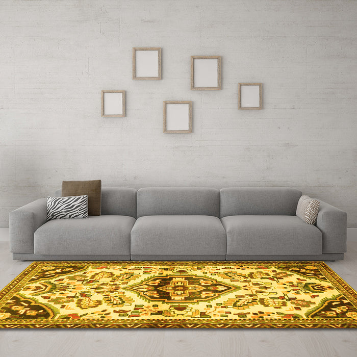 Machine Washable Persian Yellow Traditional Rug in a Living Room, wshtr4400yw