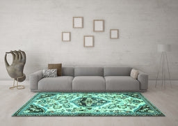 Machine Washable Persian Turquoise Traditional Area Rugs in a Living Room,, wshtr4400turq