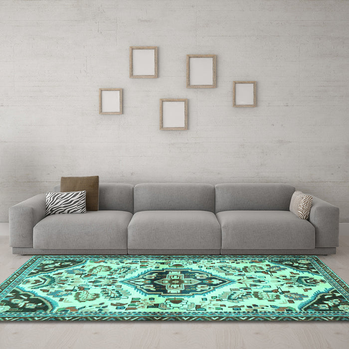Machine Washable Persian Turquoise Traditional Area Rugs in a Living Room,, wshtr4400turq