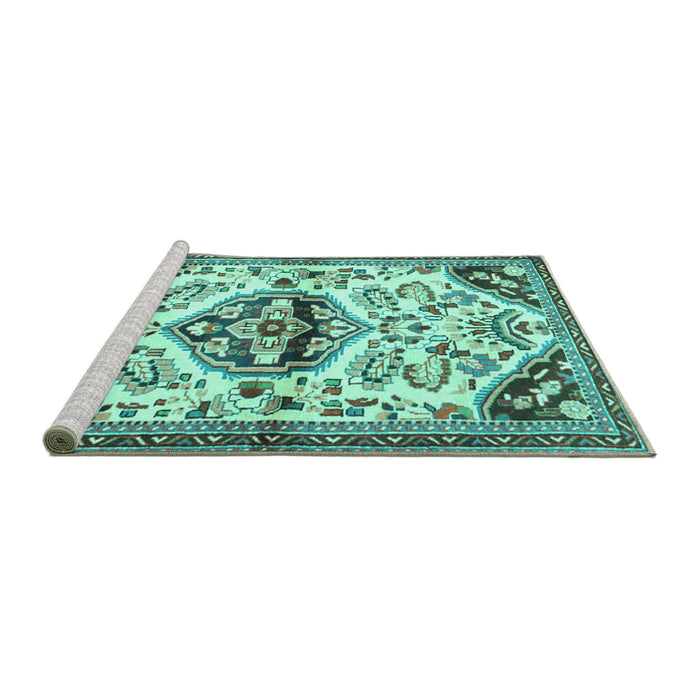 Sideview of Machine Washable Persian Turquoise Traditional Area Rugs, wshtr4400turq