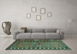 Machine Washable Persian Turquoise Traditional Area Rugs in a Living Room,, wshtr4401turq